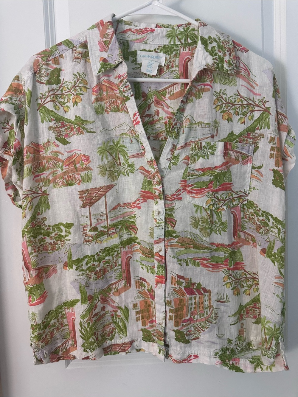 Casual Cotton Linen Blend Short-Sleeve Shirt - Tropical Print - Cynthia Rowley